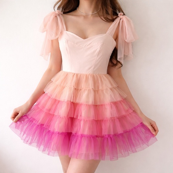 Aura Dresses & Skirts - Aura Pink Ombre Tulle Ruffle Tiered Mini Dress Small Coquette Fairy